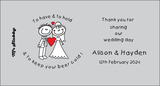 Personalized wedding stubby holder with cartoon bride and groom holding a heart, text, and a cooler design.