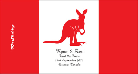 Red kangaroo design on a white background with text, resembling a wedding stubby holder.