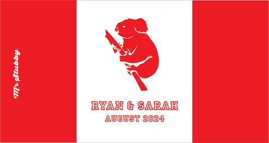 Red and white card with a koala silhouette and text 'Ryan & Sarah August 2024' on a red background. Stubby Holder