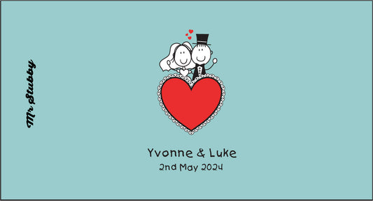 Stubby Holder Design with cartoon characters on a heart and personalized text on a light blue background