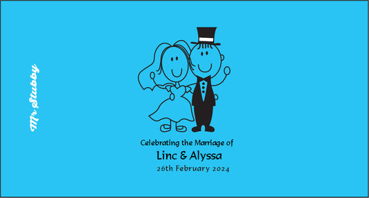 Stubby Holder of a bride and groom on a blue background with text for a wedding celebration.
