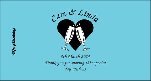 Personalized card with champagne glasses and hearts on a blue background, featuring names 'Cam & Linda' and date '8th March 2024'.