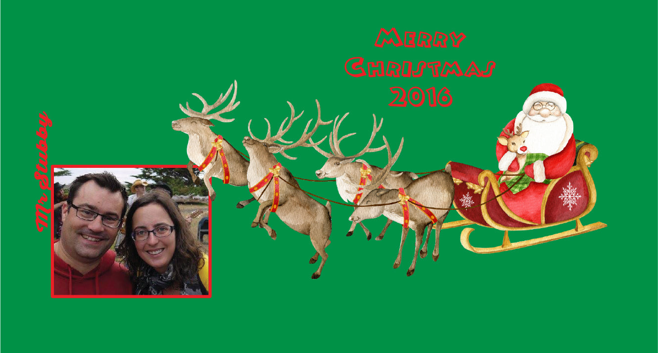 Christmas stubby holder with Santa Claus, reindeer, and a couple's photo on a green background.