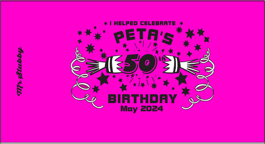 Pink stubby holder with text and birthday design on a pink background