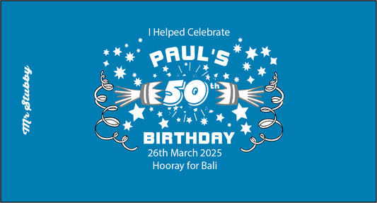 Birthday celebration stubby holder for Paul's 50th birthday with celebratory design on a blue background.