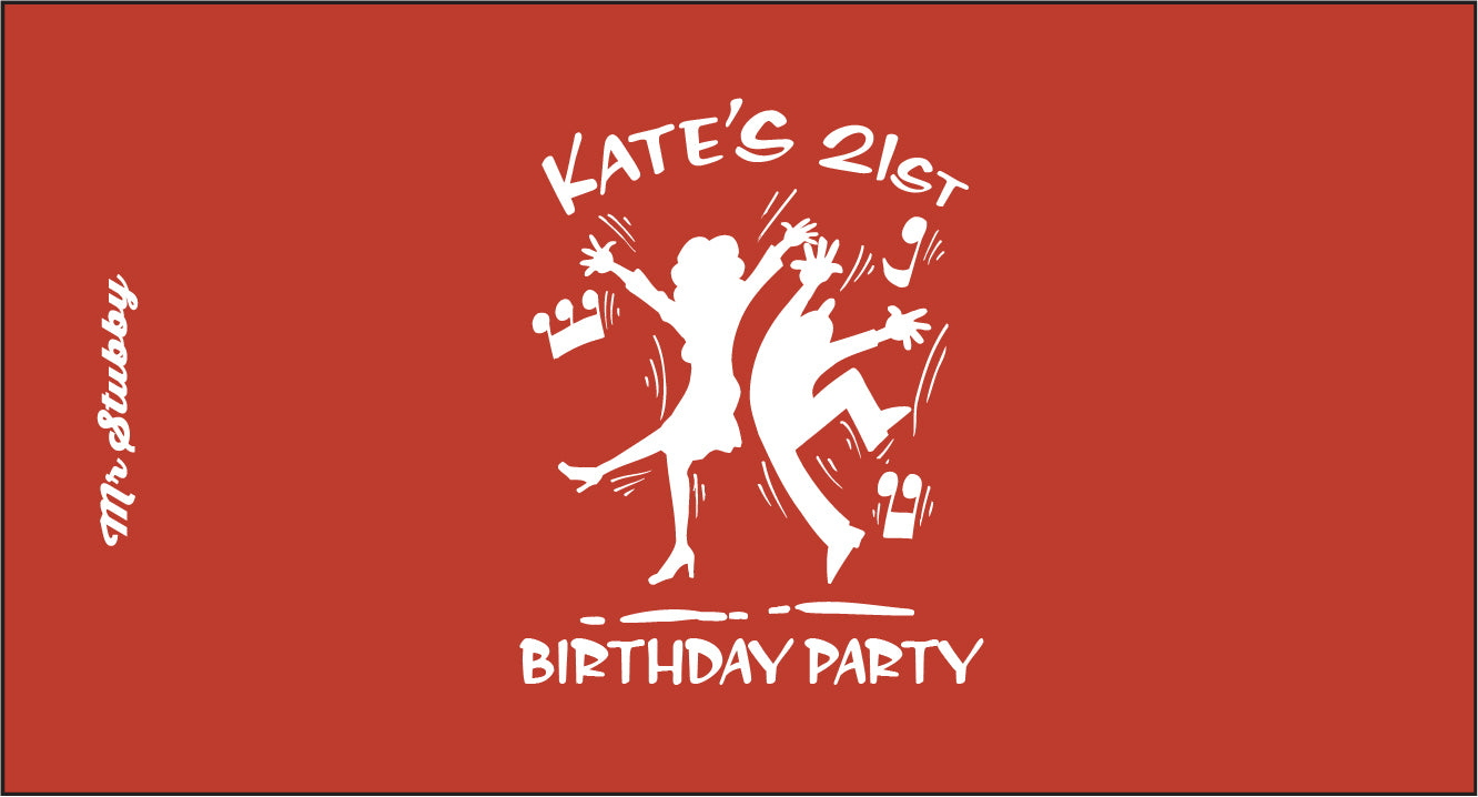 Red stubby holder with white text and graphics for Kate's 21st birthday party.