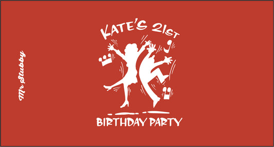 Red stubby holder with white text and graphics for Kate's 21st birthday party.