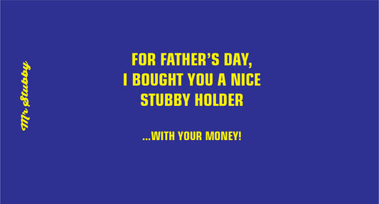 Blue stubby holder with yellow text and 'Mr. Stubby' logo on a blue background