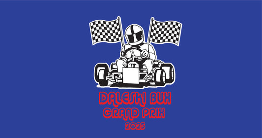 Racing car with driver and checkered flags on a blue background,stubby holder.