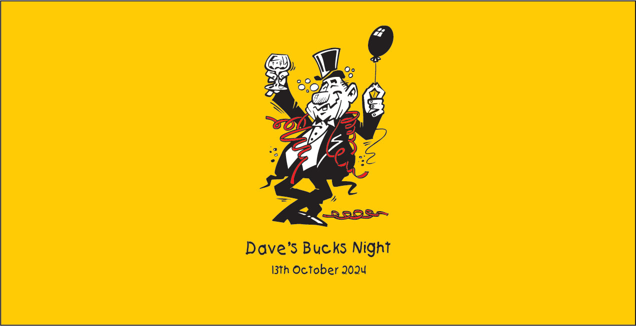 Stubby holder Cartoon character with a top hat and balloon on a yellow background, featuring text 'Dave's Bucks Night'.