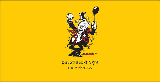 Stubby holder Cartoon character with a top hat and balloon on a yellow background, featuring text 'Dave's Bucks Night'.