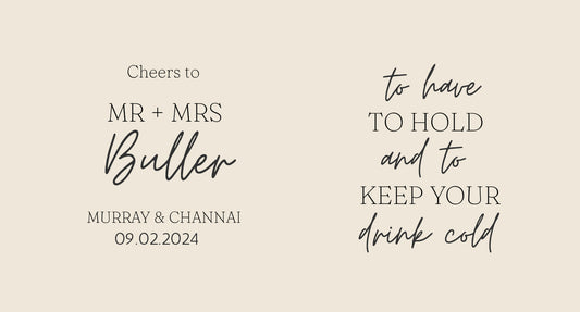 Wedding-themed drink container label with personalized text on a beige background