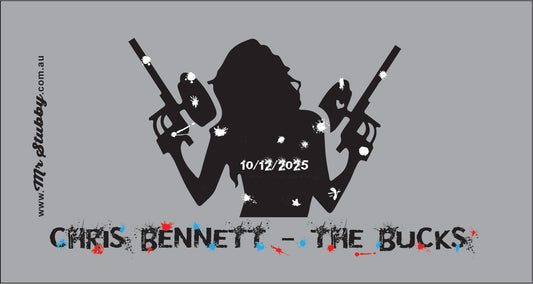 Black silhouette of a person holding guns on a gray background with text and branding.