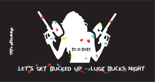 Black background with white silhouette of a person holding rifles and colorful text.