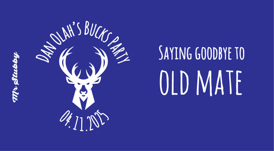 Blue background with white text and deer logo for a bachelor party announcement.