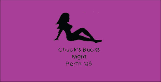 Silhouette of a woman on a purple background with text 'Chuck's Bucks Night Perth '25'.