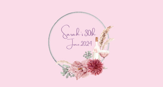 Floral wreath with 'Sarah's 30th June 2024' text on a pink background