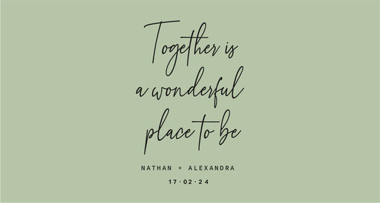 Wedding invitation with text 'Together is a wonderful place to be' on a light green background